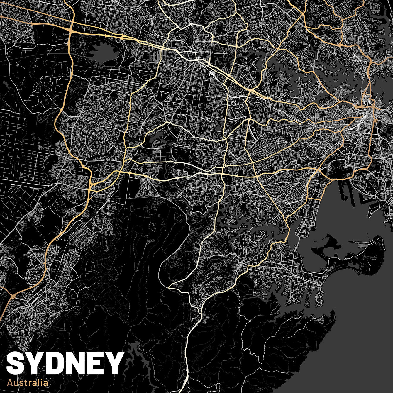 Sydney Map (Dark) - Large Premium Matte Paper Wooden Framed Poster