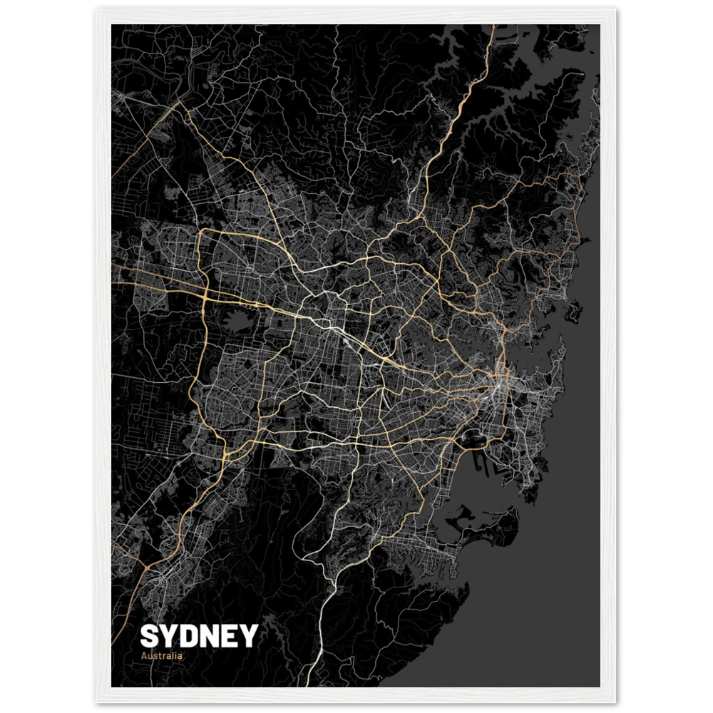 Sydney Map (Dark) - Large Premium Matte Paper Wooden Framed Poster