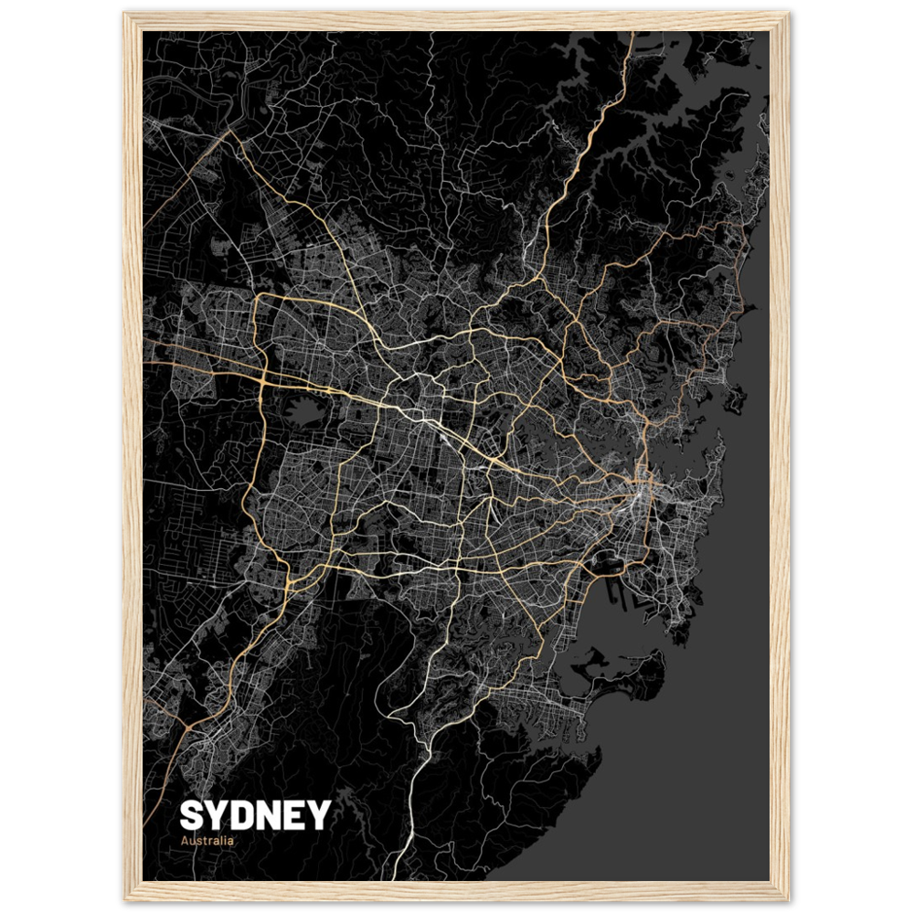 Sydney Map (Dark) - Large Premium Matte Paper Wooden Framed Poster