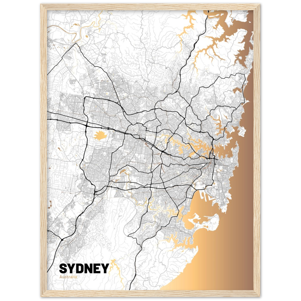 Sydney Map (Light) - Large Premium Matte Paper Wooden Framed Poster