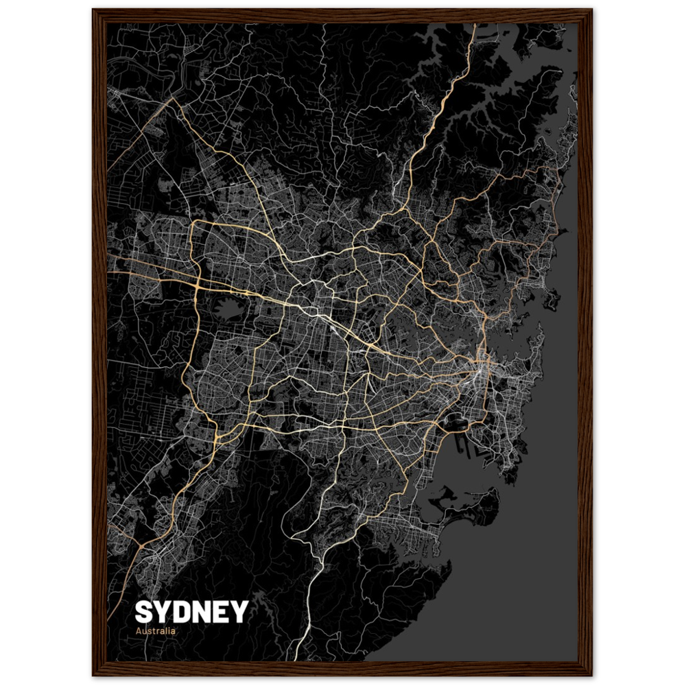 Sydney Map (Dark) - Large Premium Matte Paper Wooden Framed Poster