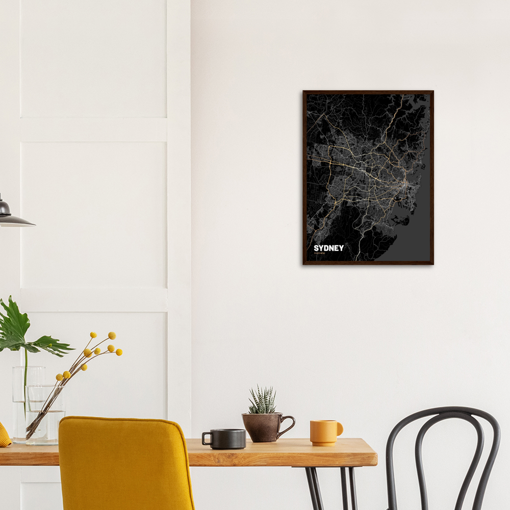 Sydney Map (Dark) - Large Premium Matte Paper Wooden Framed Poster